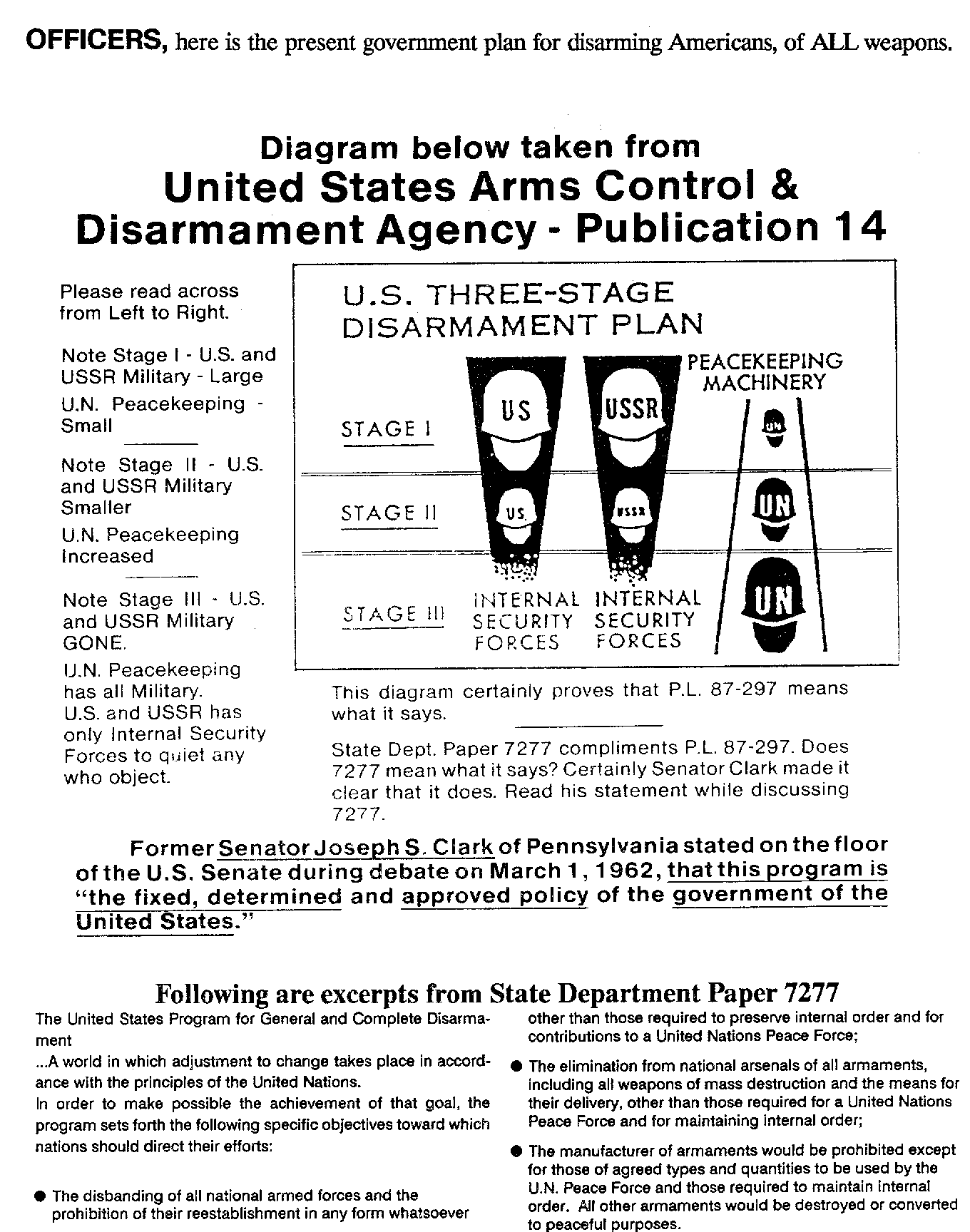 DIAGRAM BELOW TAKEN FROM UNITED STATES ARMS CONTROL &
DISARMAMENT AGENCY - PUBLICATION 14
Stage I U.S. and USSR Military - Large - U.N. Peacekeeping 
Small
Stage II U.S. and USSR Military - Smaller - U.N. Peacekeeping
Increased
Stage III U.S. and USSR Military GONE.  - U.N. Peacekeeping 
has all Military.  U.S. and USSR has only Internal Security 
Forces to quiet any who object.
This diagram, certainly proves that P.L.  87-297 means what it
says.  State Department Paper 7277 compliments P.L.  87-297. 
Does 7277 mean what it says?  Certainly Senator Clark made it
clear that it does.  Read his statement while discussing 7277. 
Former Senator Joseph S. Clark of Pennsylvania stated on the
floor of the U.S. Senate during debate on March 1, 1962, that
this program is the fixed, determined and approved policy of the 
government of the United States.
Following are excerpts from State Department Paper 7277:
The United State Program for General and Complete
Disarmament...  A world in which adjustment to change takes 
place in accordance with the principles of the United  Nations. 
In order to make possible the achievement of that  goal, the
program sets forth the following specific objectives toward
which nations should direct their efforts: 
The disbanding of all national armed forces and the prohibition of 
their re-establishment in any form whatsoever  other than those 
required to preserve internal order and  for contribution to a United 
Nations Peace Force.  
The  elimination from national arsenals of all armaments, including 
all weapons of mass destruction and the means for  their delivery, 
other than those required for a United  Nations Peace Force and for 
maintaining internal order:  
The manufacturer of armaments would be prohibited except  for those of 
agreed types and quantities to be used by the  U.N. Peace Force and 
those required to maintain internal  order.  All other armaments would 
be destroyed or converted  to peaceful purposes.